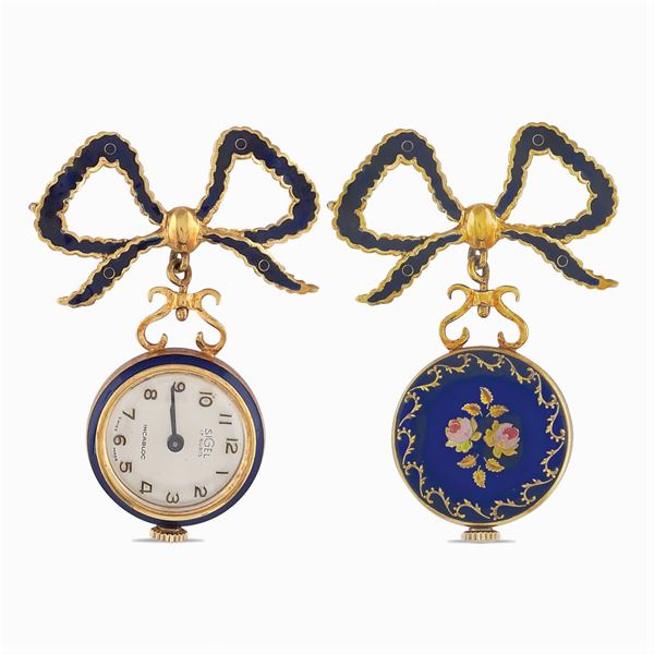 Spilla pendente con orologio in oro giallo 18kt  (anni '40/'50)  - Asta GIOIELLI |OROLOGI ARGENTI - Colasanti Casa d'Aste