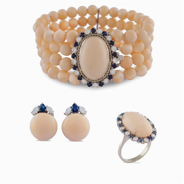 A pink coral, sapphire and diamond parure