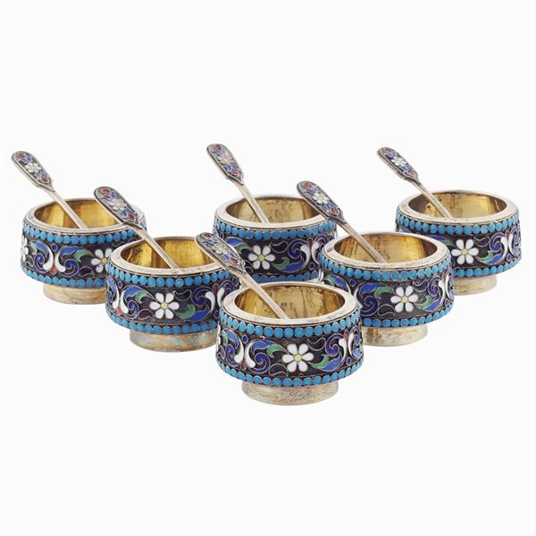 Set di sei salierine in argento vermeil e smalti
