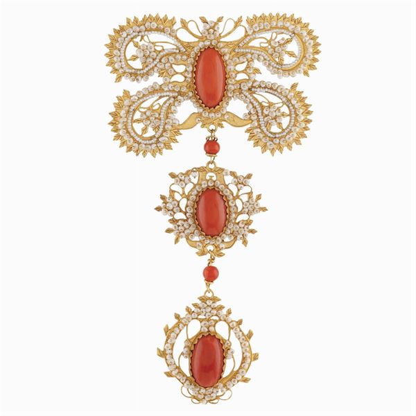 Red coral pendant brooch