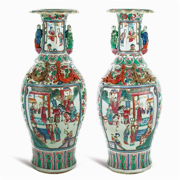 A pair of Canton porcelain baluster vases