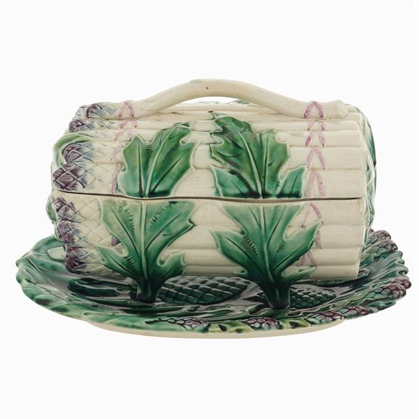 Contenitore porta asparagi con vassoio in maiolica