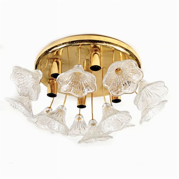 A six light brass and glass luminaire