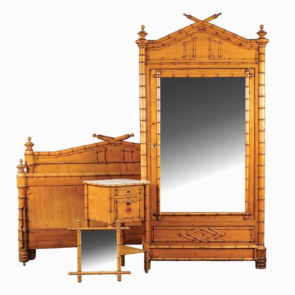 Fir wood and bambù bedroom  (France, early 20th century)  - Auction modern and contamporary art - 20th century decorative arts - Colasanti Casa d'Aste