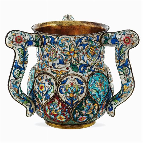 Three handled vermeil silver and cloisonne' enamels cup