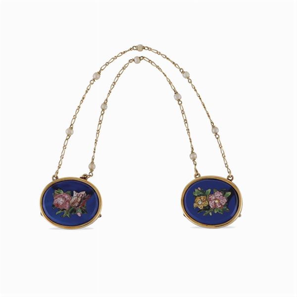 18kt gold and micromosaic pair of brooches