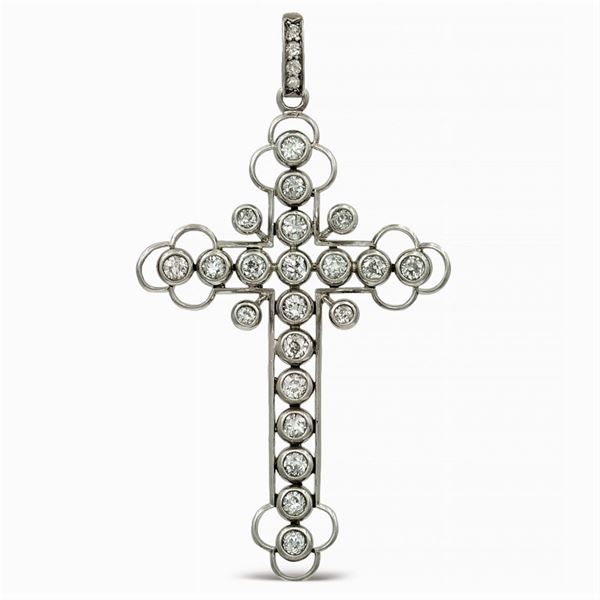 Pendente croce in oro e argento e diamanti
