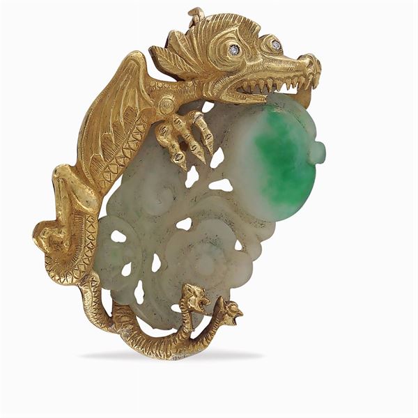Spilla drago in oro giallo 18kt e giada