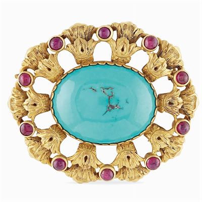 Spilla in Oro Giallo 18kt e Turchese Naturale