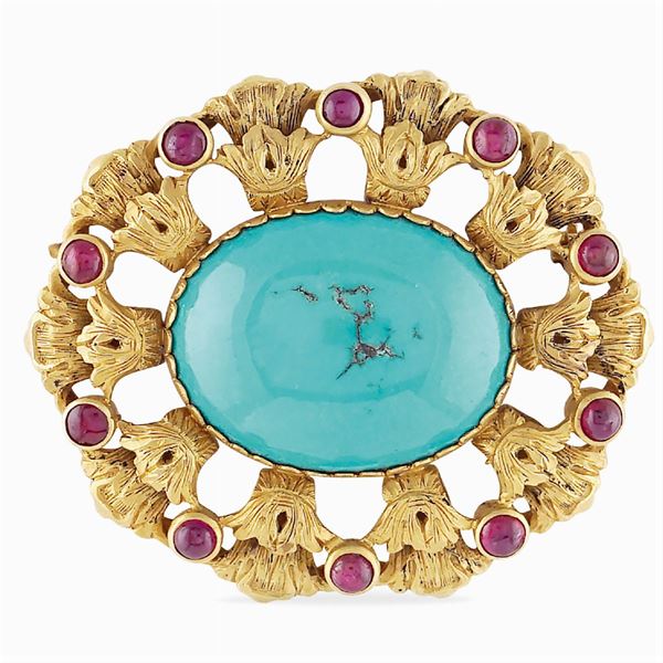 18kt yellow gold and natural turquoise brooch