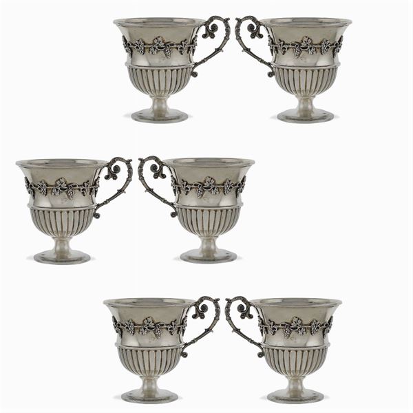 Six silver cups with handles