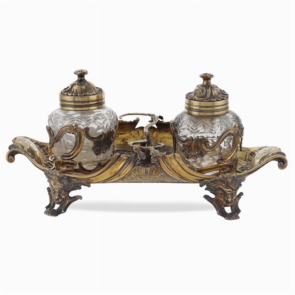 An important vermeil silver inkwell with two ampoules