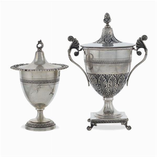 Two silver sugar bowls