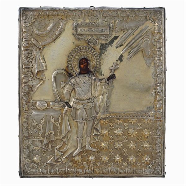 Icon depicting Saint Prince Aleksandr Nevskij  with silver riza