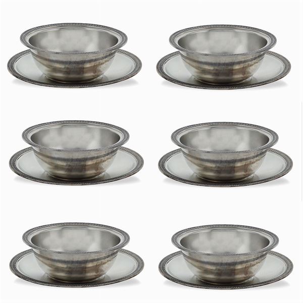 Set of 12 silver finger clensing cups and 12 saucers