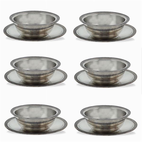 Set of 12 silver finger clensing cups and 12 saucers