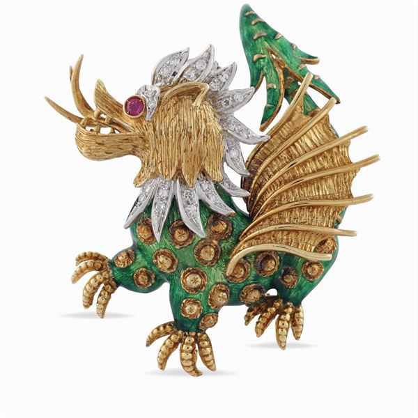18kt yellow and white gold winged dragon brooch