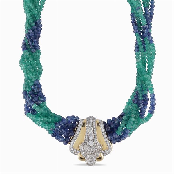 Sapphire and emerald torchon collier