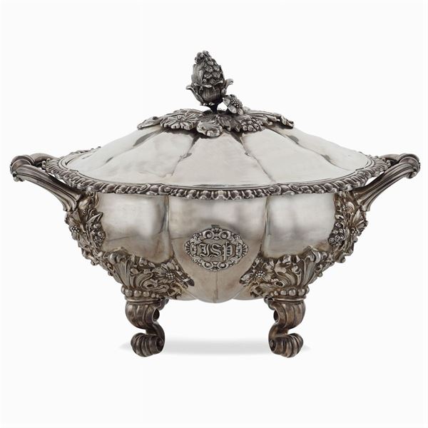Large two handled silver soup tureen