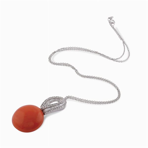 Red coral and diamond pendant