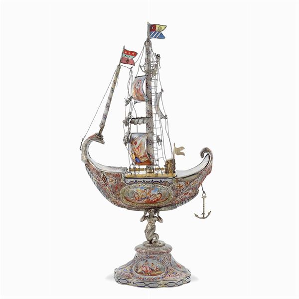 Silver and polychrome enamel sailboat model