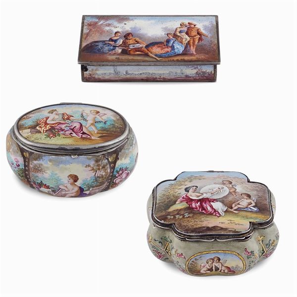 Three polychrome enamel and silver boxes