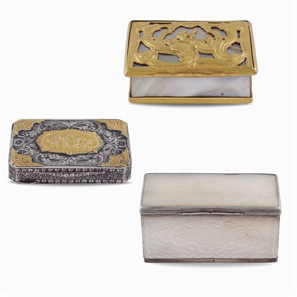 Threee silver, vermeil silver, bronze and mother of pearl boxes