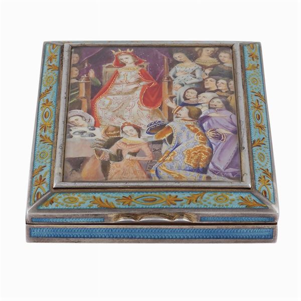 Scatola trousse in argento dorato e smalto policromo