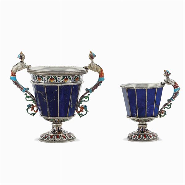 Pair of silver, lapis lazuli and enamel cups