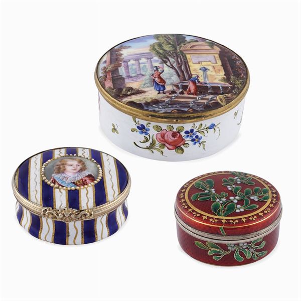 Three enamelled metal boxes