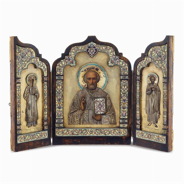 Triptych icon with vermeil silver riza