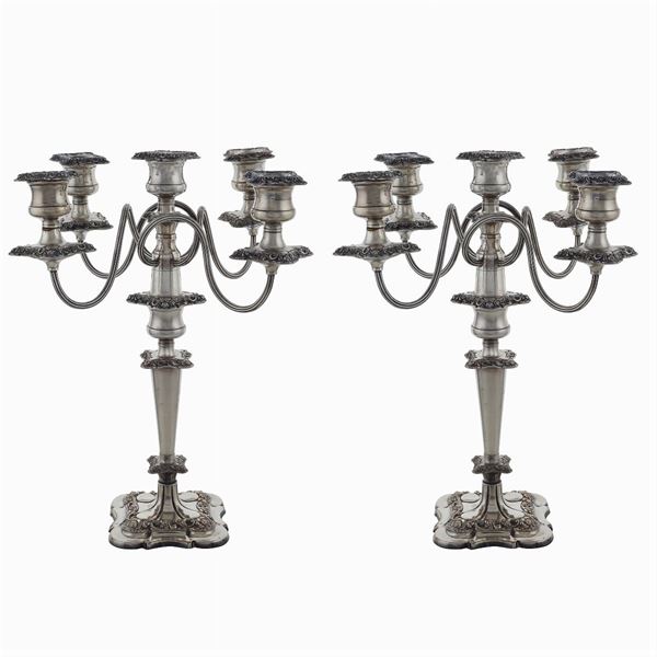 Pair of silver plated metal chandeliers