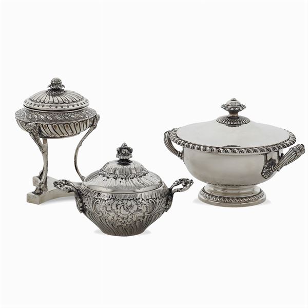 Group of three silver sugar cellars