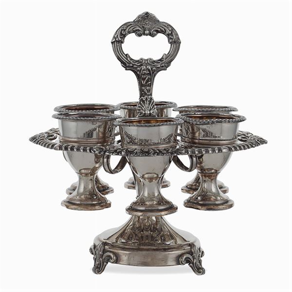 Six silver plated metal egg holders