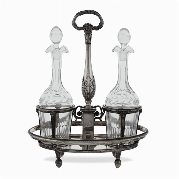 Silver and glass two ampoules oil jug