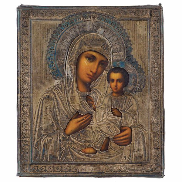 Icon depicting the Madonna of Iver with silver riza