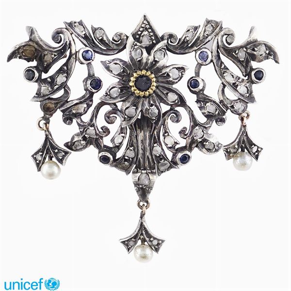 Floral pattern silver and gold brooch  (early '900)  - Auction UNICEF ONLINE TIMED AUCTION - Colasanti Casa d'Aste