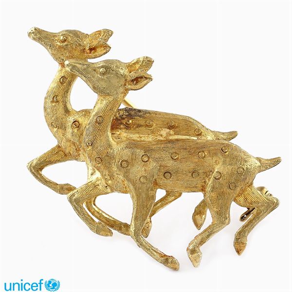 Spilla cerbiatti in oro giallo satinato 18kt  (anni 50/60)  - Asta UNICEF ASTA A TEMPO ONLINE - Colasanti Casa d'Aste