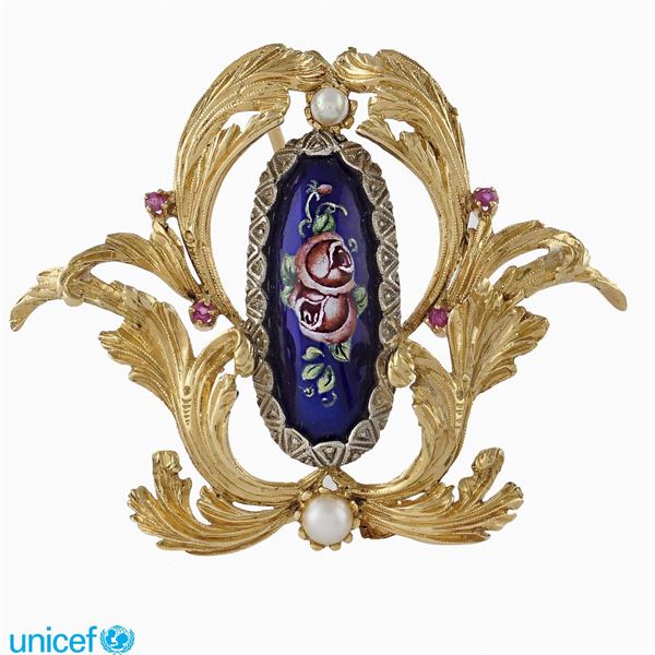 18kt gold and polychrome enamel brooch  (1950/60ies)  - Auction UNICEF ONLINE TIMED AUCTION - Colasanti Casa d'Aste