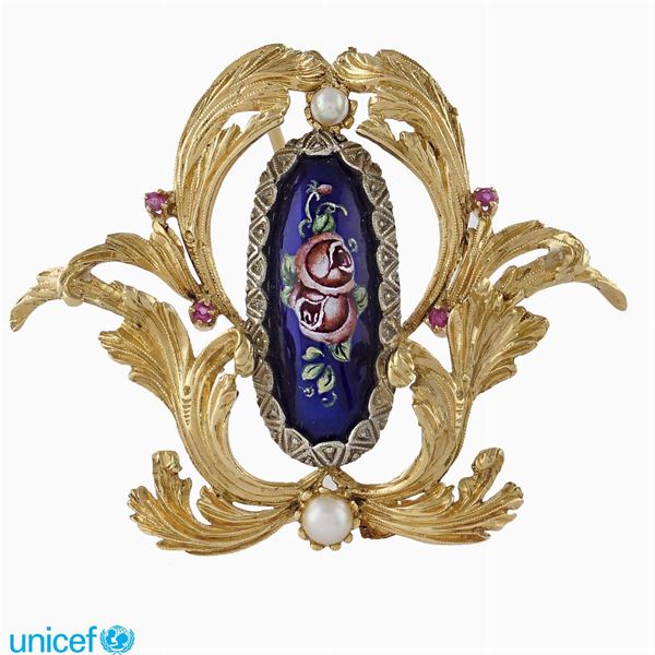 18kt gold and polychrome enamel brooch