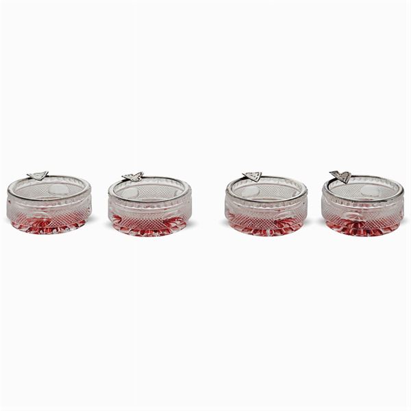 Four crystal and silver ashtrays