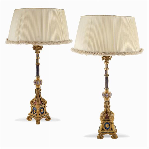 Pair of gilded bronze and hard stones lamps