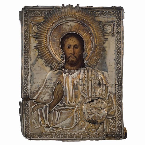 Icon depicting Pantocrator Christ with silver riza