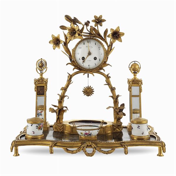 Clock - gilt bronze table inkwell