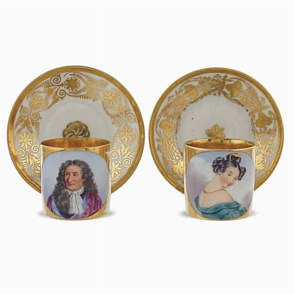 Two polychrome porcelain cups with saucers