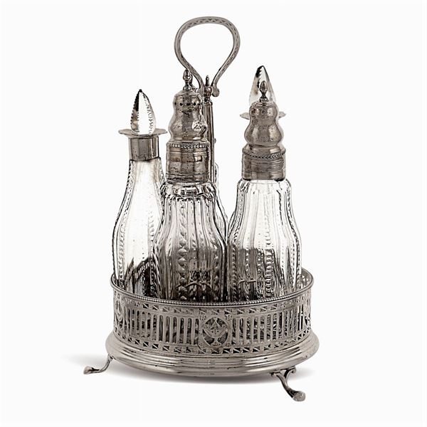 Five ampoules silver oil jug