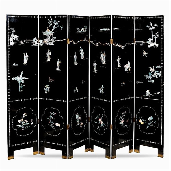 Lacquer wood six fold screen
