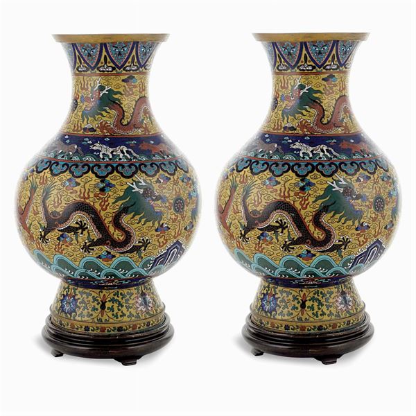 Pair of cloisonne metal vases