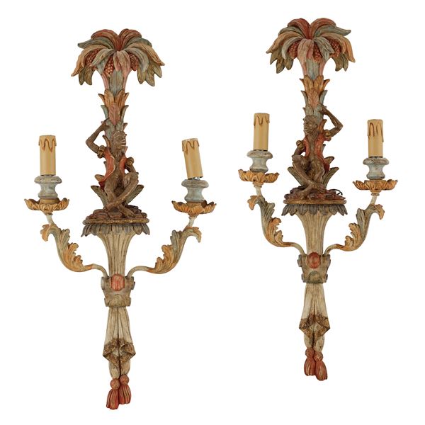 Pair of lacquered wood two light appliques