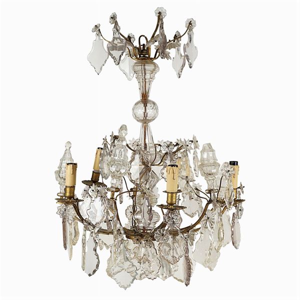 Five-light bronze and crystal chandelier